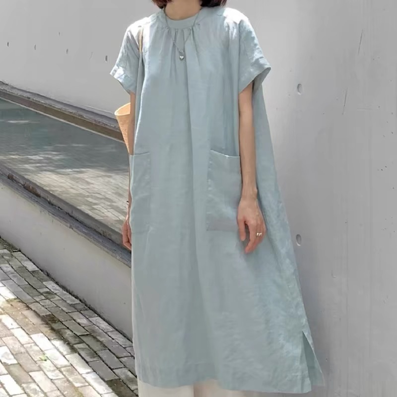 2024 Summer New Japanese French Elegant Lazy Large Pocket Round Neck Dress Artistic Style Long Robe_ecoleips.com