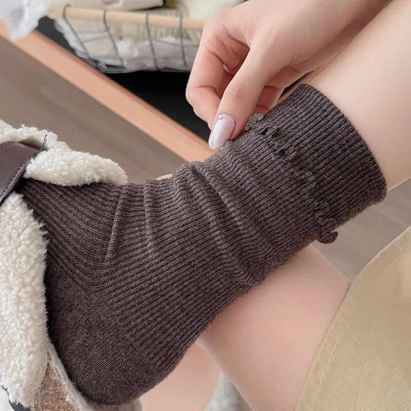 花边羊绒袜子女中筒袜秋冬季加厚保暖堆堆袜可翻边无骨长袜配勃肯|undefined