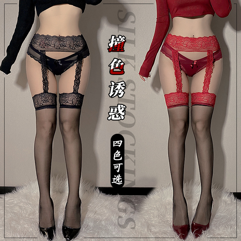 Sexy Suspender All-In-One Stockings, Sexy Stockings, Women's High Thigh Stockings, Contrasting Colors, Ultra-Thin Black Edges, Red Sexy Black Stockings