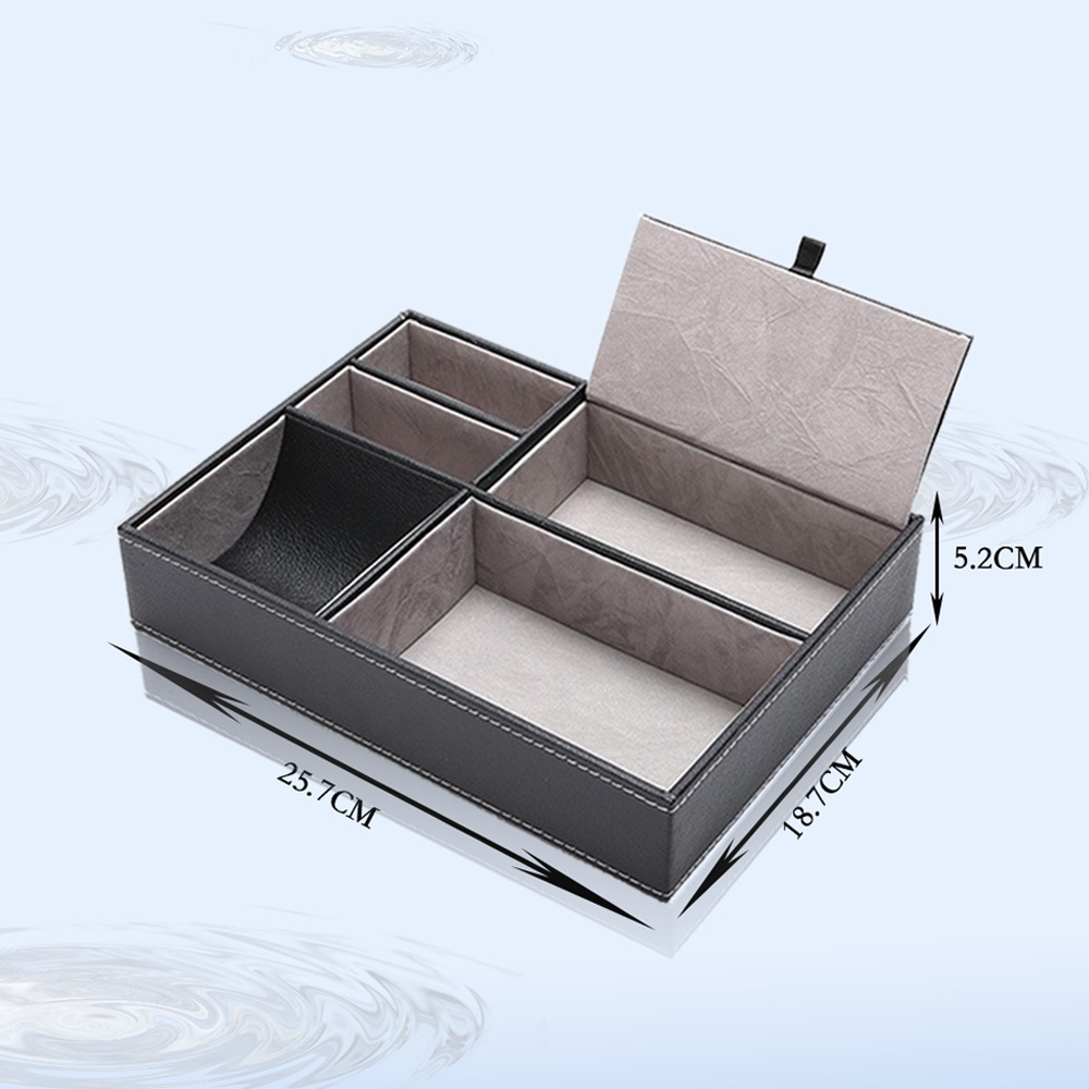 现货批发办公桌面杂物收纳盒PU皮5格储物盒饰品眼镜收纳展示