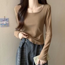 纯欲风方领锁骨长袖T恤春秋春夏不规则下摆修身内搭打底衫ins