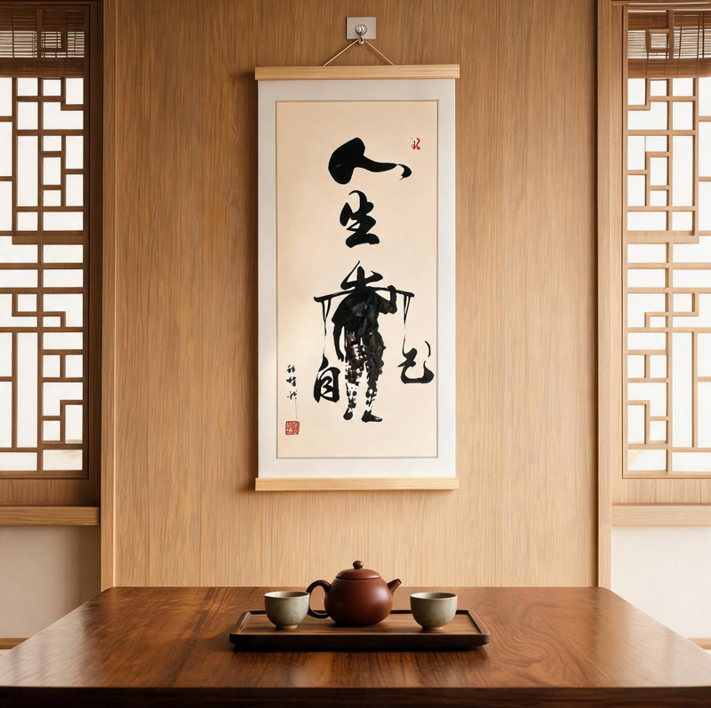New Chinese Style Calligraphy Scroll Wall Painting "Life Relys on Oneself" Calligraphy and Painting, Decorative Painting for Study Room, Tea Room, Entryway