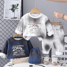 跨境男童冬季格子印花加绒两件套1-6岁宝宝秋冬装儿童运动两件套