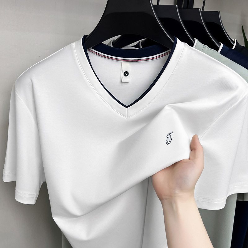 2026 New Summer Men's V-Neck Short-Sleeve Polo Shirt with Silk Elements, Trendy and Versatile T-Shirt