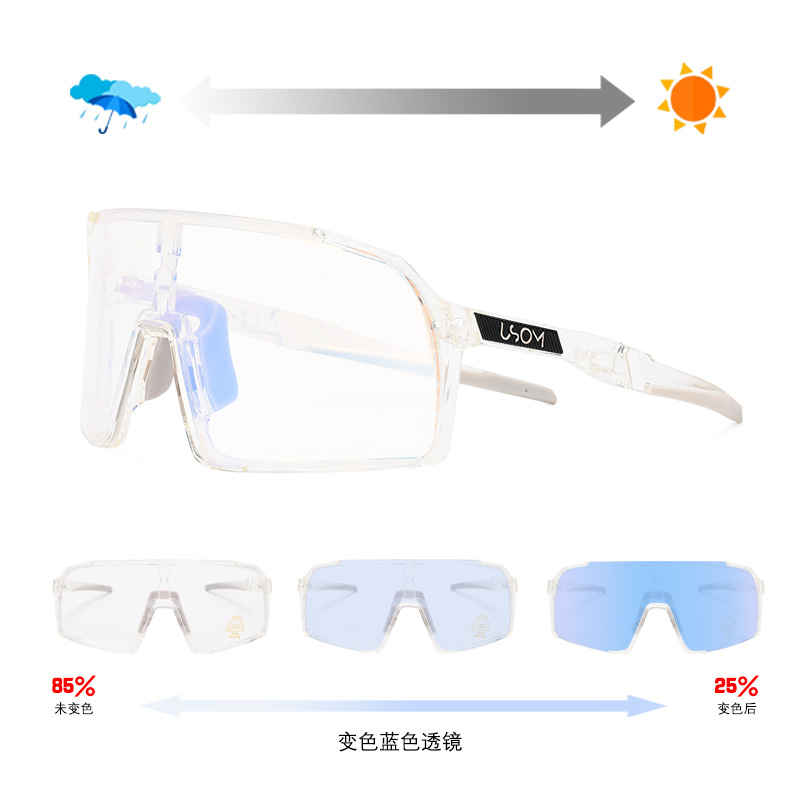 밝은 프레임, 회색 다리와 꼬리, 전체적으로 파란색 변색 필름, USOM 브랜드(단일 안경 및 EVA 지퍼 상자)