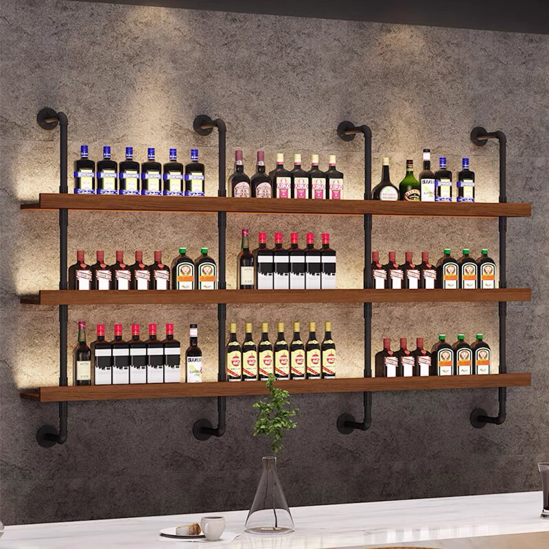 墙上酒架餐厅酒吧烧烤店吧台壁挂式靠墙铁艺多层实木置物架子批发|undefined