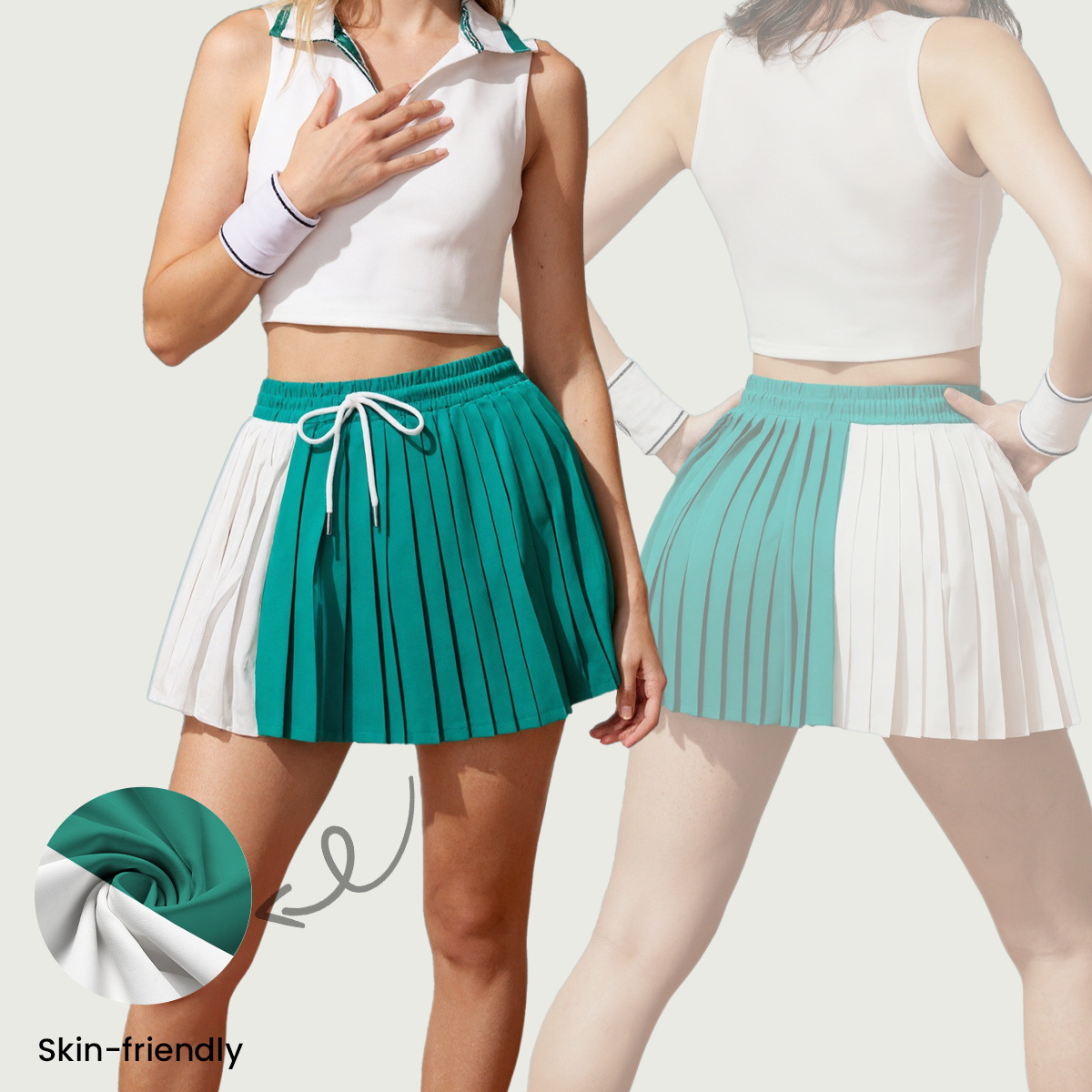 Two-tone pleated sports mini skirt for women, elastic waist with drawstring, anti-exposure tennis skirt, golf yoga skirt, cross-border wholesale