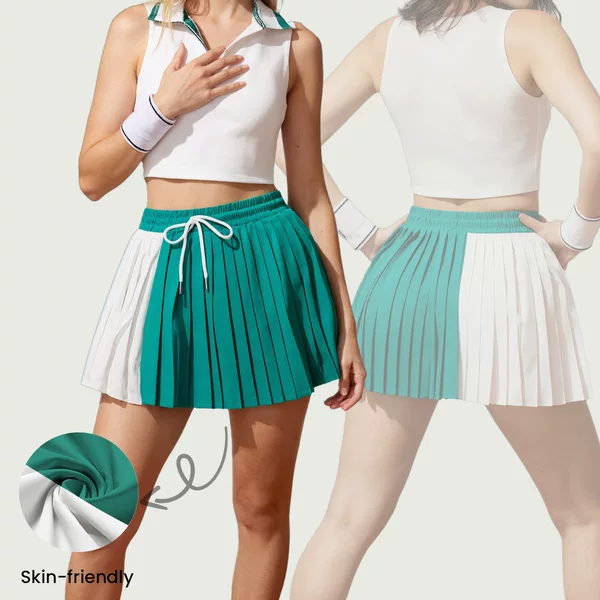 Two-tone pleated sports mini skirt for women, elastic waist with drawstring, anti-exposure tennis skirt, golf yoga skirt, cross-border wholesale
