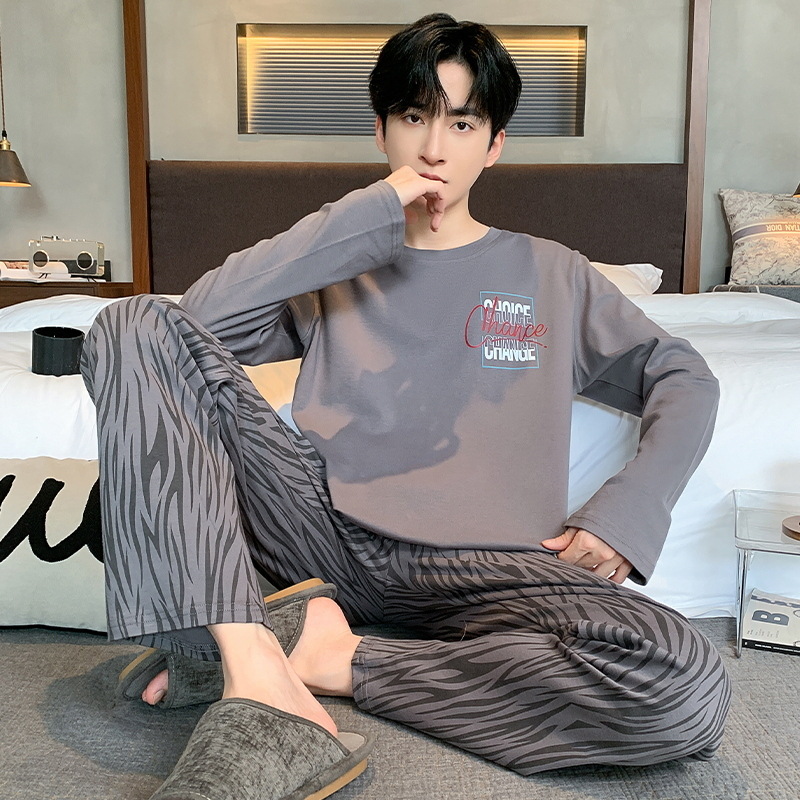 Pijama de algodón masculino primavera y otoño rayas cómodo color sólido delgado casual suelto pantalones largos de mangas largas set de ropa para el hogar