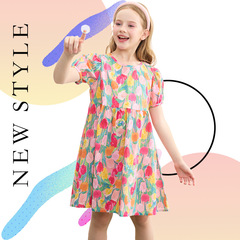 2024夏季兒童甜美俏皮泡泡袖棉連衣裙女童洋氣時髦元氣碎花公主裙