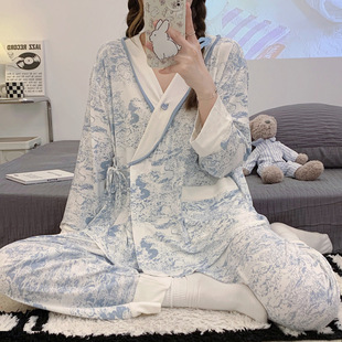 Spring and Summer Modal Cotton Pregnant Women's Pajamas Women's Postpartum Maternal Long-sleeved Nursing Home Suit