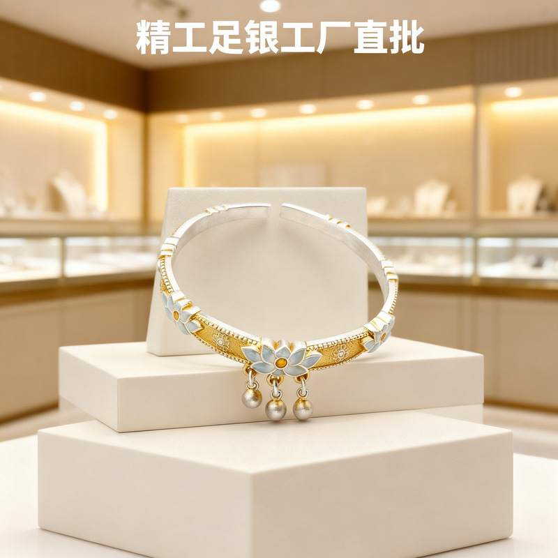 999 Pure Silver Gold-Plated Enamel Lotus Open Bracelet for Women, Chinese Style with Bell, Pure Silver Bracelet, Hanfu Accessories Wholesale