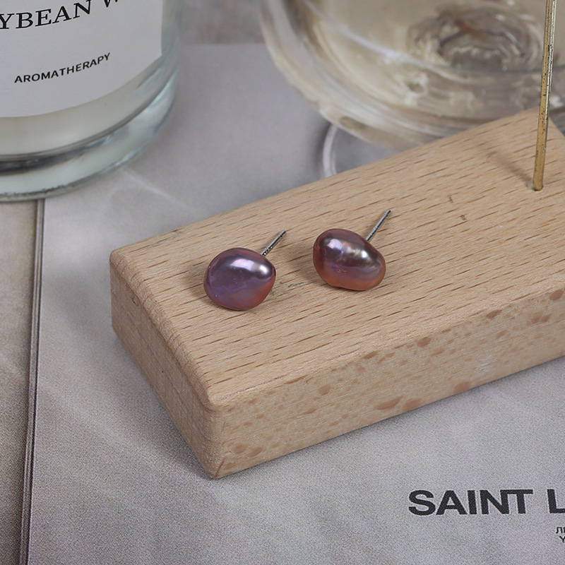 紫色炫彩巴洛克碎銀子耳釘S925銀針天然淡水珍珠異形簡約耳飾批發