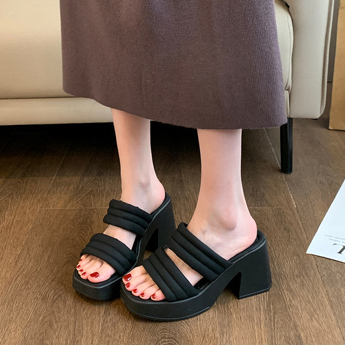 高跟凉鞋女2024夏季新款韩版方头露趾粗跟一字型女式时装拖鞋批发