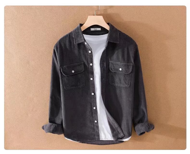 Camisa de manga larga de moda de pana japonesa retro, camisa de pana para hombre, ropa de trabajo juvenil, chaqueta fina suelta de todo fósforo