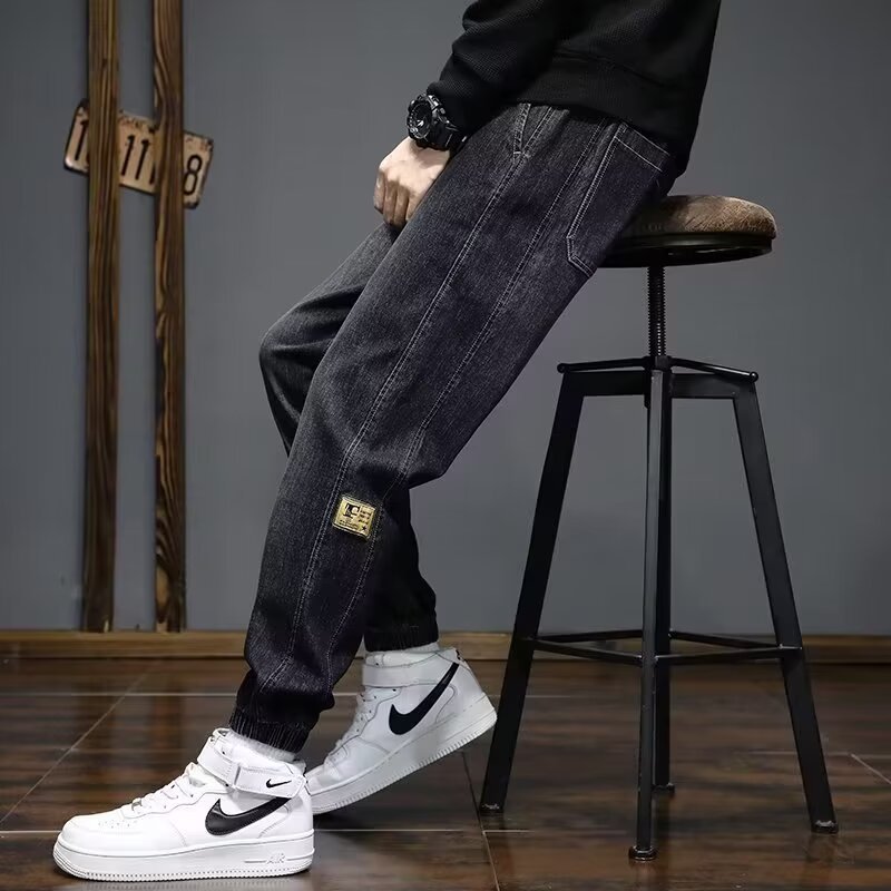 2024 primavera y otoño pantalones vaqueros de cintura elástica todo fósforo para hombres, pantalones de pierna ancha rectos sueltos para adolescentes de la calle principal