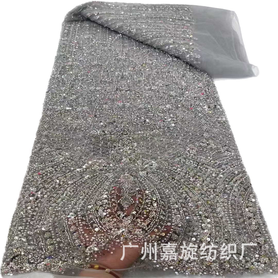 Nuevo bordado de tubo de perlas vestido de mano sequinilla tela de malla bordada moda pesada ropa de espectáculo de escenario accesorios de boda