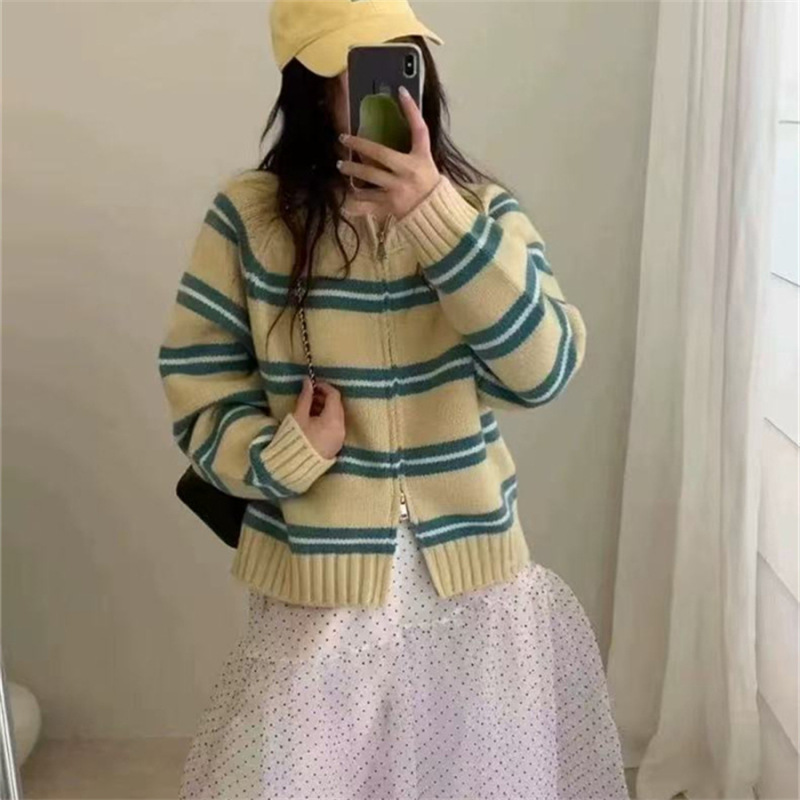 韩系慵懒风条纹拉链毛衣外套女秋冬新款宽松显瘦百搭针织开衫上衣|undefined