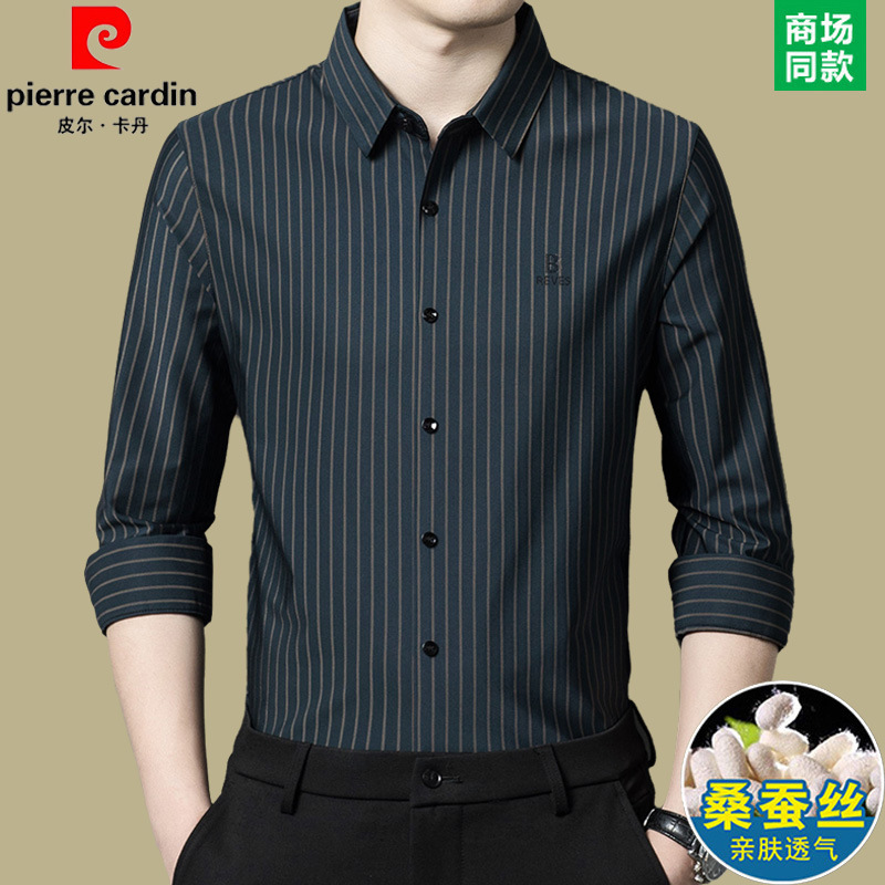 2025 New Pierre Cardin Mulberry Silk Long-Sleeved Shirt Men's Spring and Summer Thin Casual Middle-Aged Stripesd Shirt