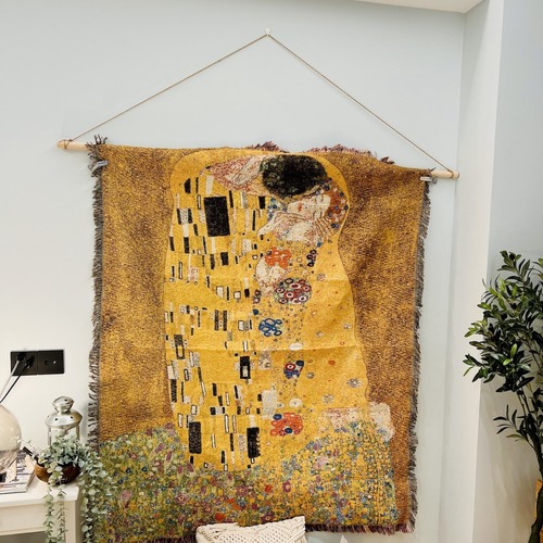 克里姆特复古抽象油画毯 金线艺术挂毯卧室床头墙面装饰毯 沙发毯
