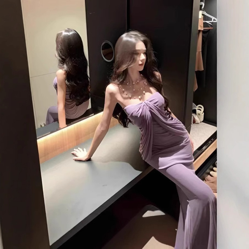 French Design Pure Desire Style off-shoulder Purple Strapless dress Ladies Elegant Sexy Slim-fit Hip Skirt for Women