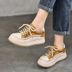 休閒板鞋頭層牛皮輕盈厚底系帶女鞋2024春季新款百搭低幫真皮單鞋
