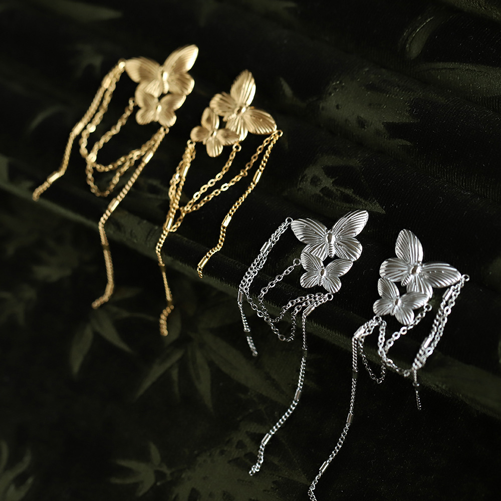 Stainless Steel Butterfly Tassel Earrings