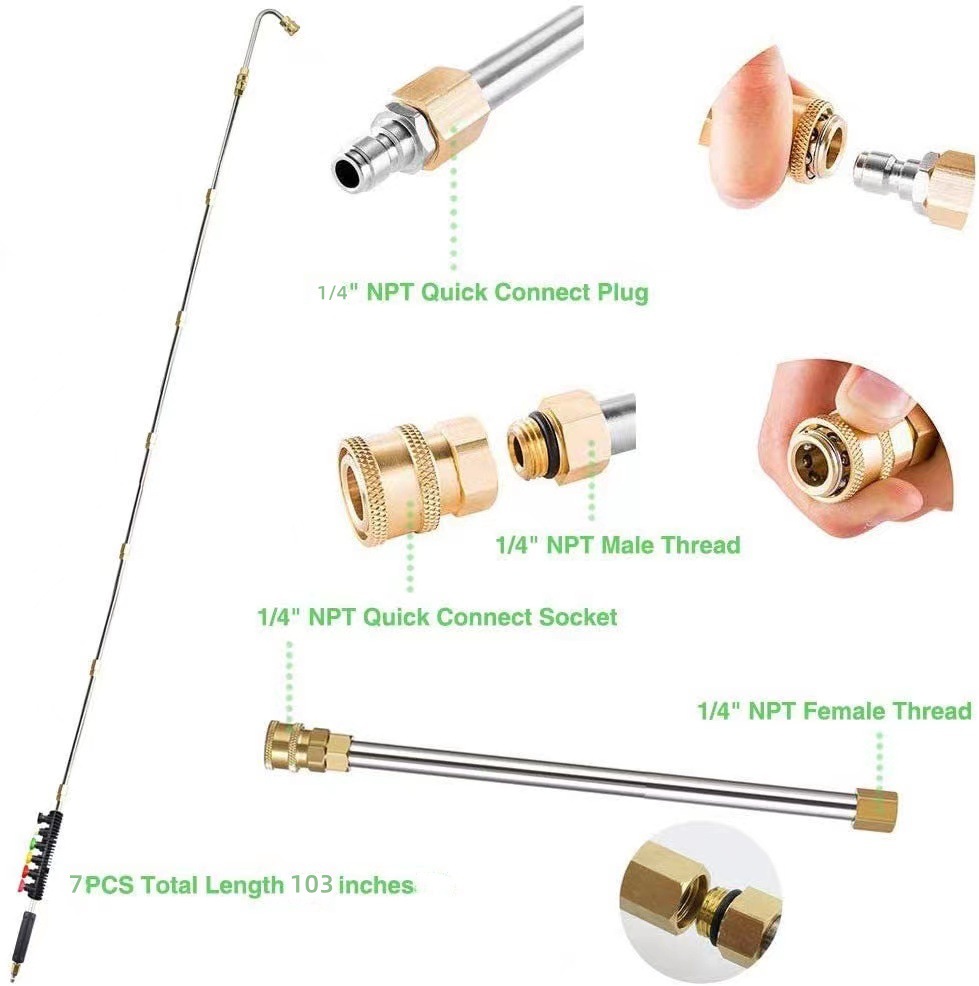 Cross-Border High-Pressure Water Gun Stainless Steel Eaves Cleaning Rod 1/ 4inch Extension Rod Extension Rod 4000Psi Set