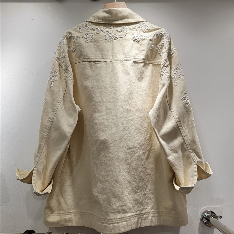 Chaqueta Vaquera con Bordado Floral de Poliéster, Holgada de Manga Larga para Primavera