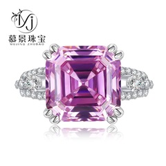 慕景珠寶2023新款925銀高碳鑽戒指11*11櫻花粉豪華歐美風直播