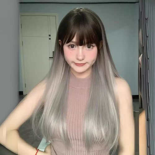 Cheng Ming wig female black brown gradient gray long straight hair round face natural fluffy sweet internet celebrity summer full headgear style