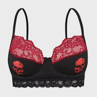 European and American Cross-border Printed Skull Milk Silk Lace Stitching Steel Rim Bra Black and Red Contrast Fashion Underwear