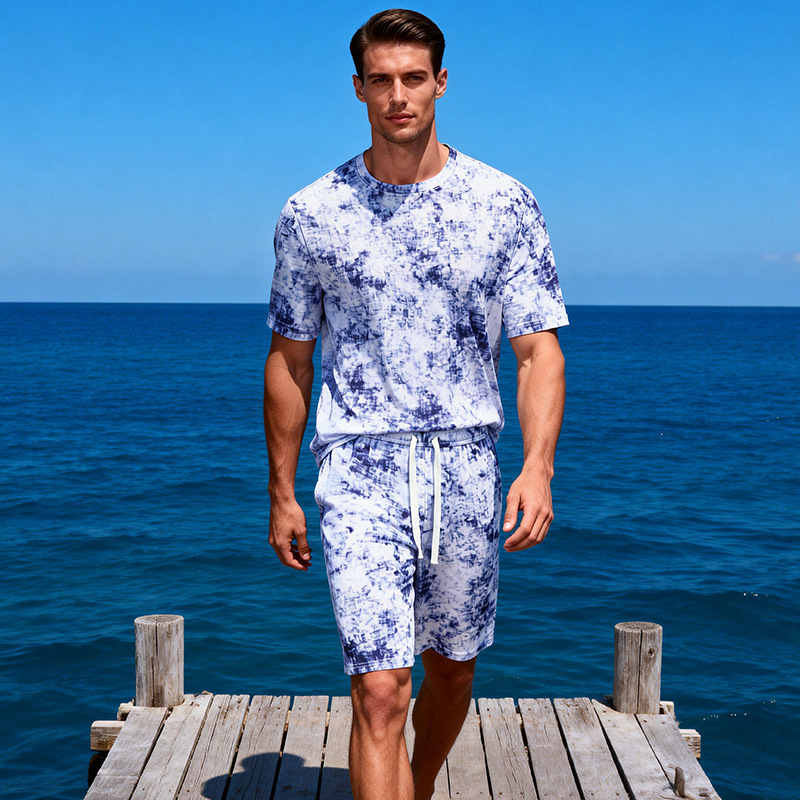 [Cross-border Exclusive] European Size English Care Label Summer Vacation Style Casual Suit for Men, New Tie-Dye Style