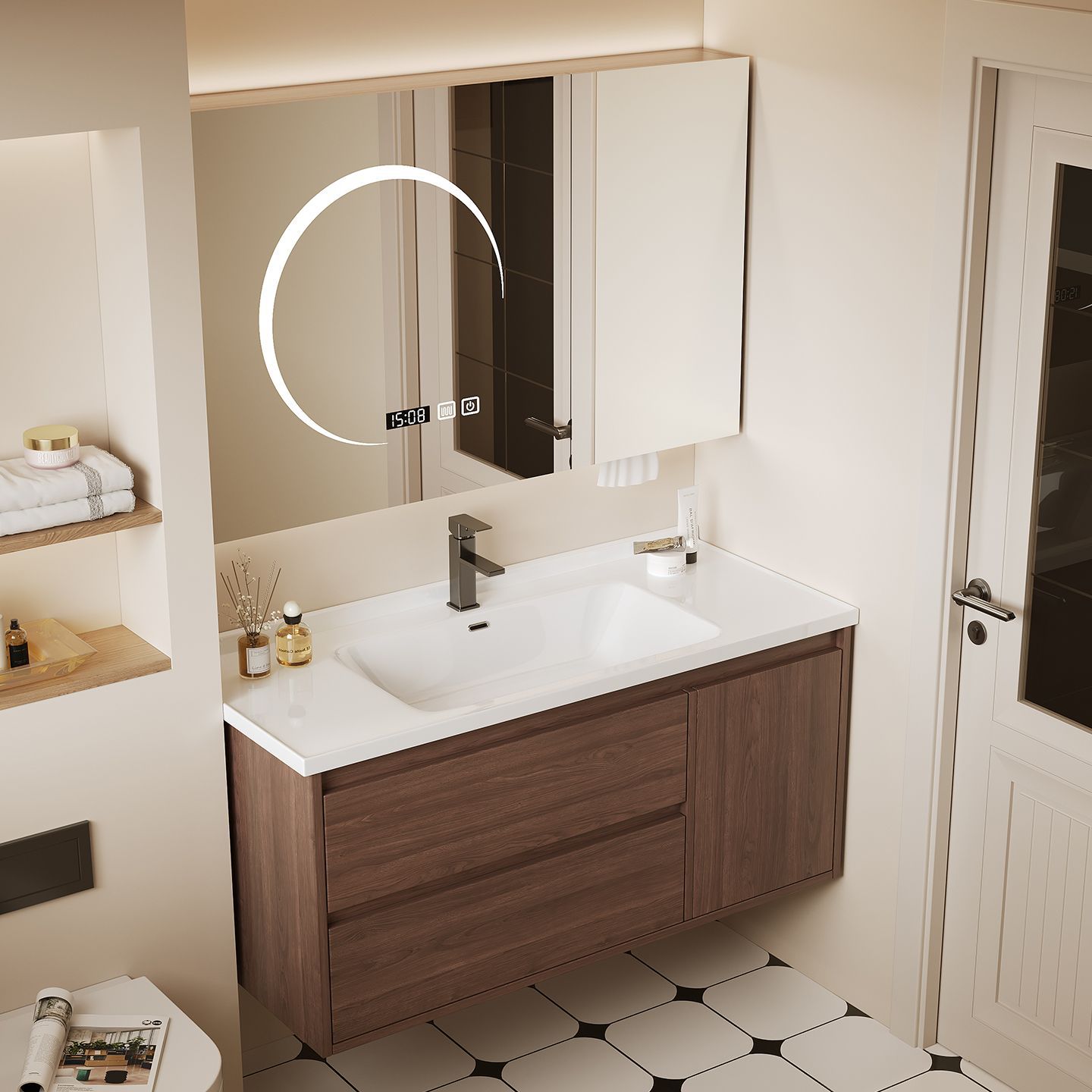 Washbasin Cabinet Combination Walnut Color Ceramic Integrated Basin Full Set Basin Cabinet Combination Washbasin Cabinet Combination Integrated