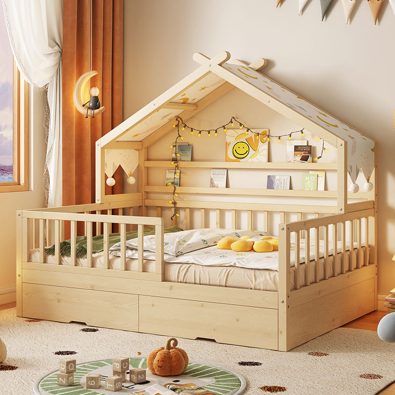 All Solid Wood Kidsren's Bed Girl Princess Bed Small Bed with Drag Bed Guardrail Home Baby Single Bed Boy Tree Tω