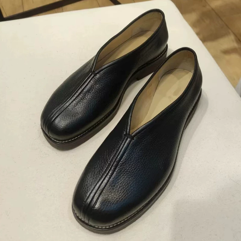 Мужские и женские кожаные туфли из лефу с круглым носком на весну и лето, британские ретро ленивые Туфли-Монки с глубоким ртом на массивном каблуке с одной педалью