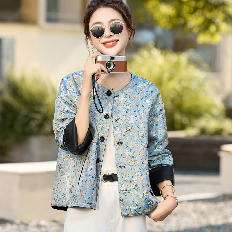 新中式国风皮衣外套女春秋轻奢时尚复古提花宽松两面穿短款上衣|undefined