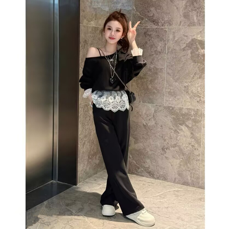 欧货减龄时尚休闲套装女春季高级感蕾丝边露肩卫衣阔腿长裤两件套|undefined