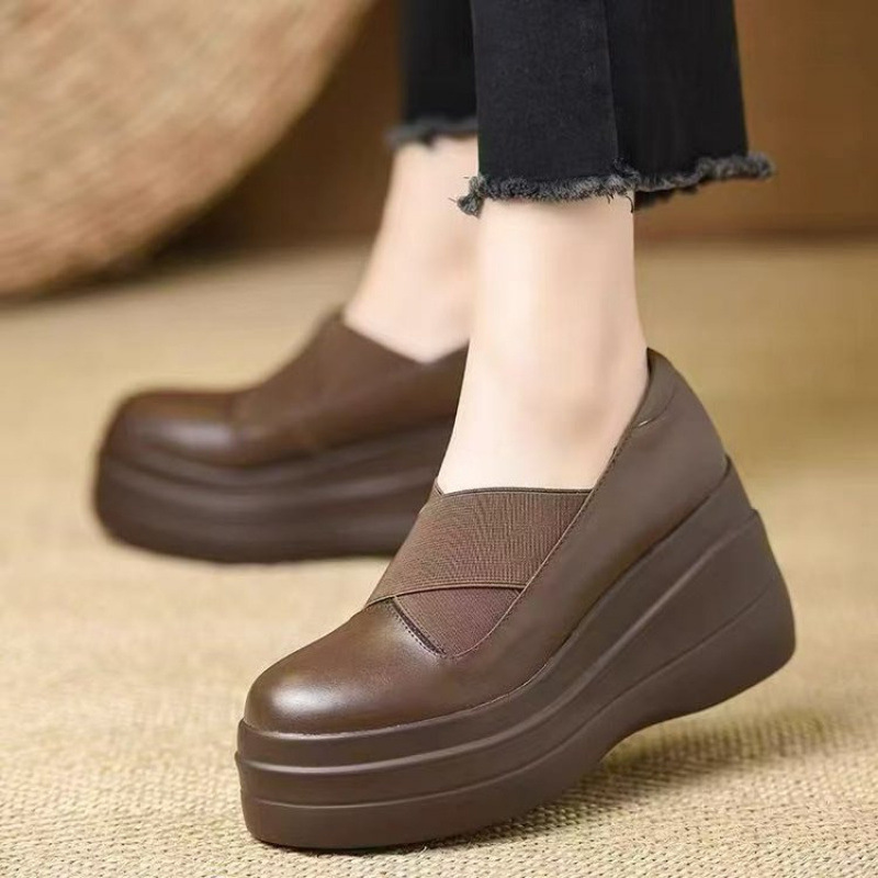 Retro Brown Elastic Band Flats for Women, Thick-Soled Platform Shoes, Spring and Autum Height-Increasing Shoes for Small People, Slip-On Slip-Ons