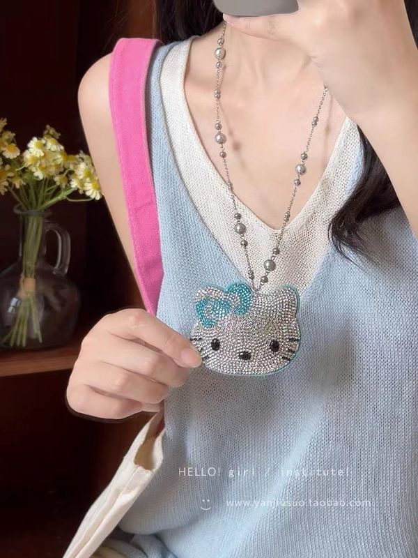 可爱满钻kt猫珍珠项链女轻奢小众设计长款甜酷风卫衣毛衣链配饰|undefined