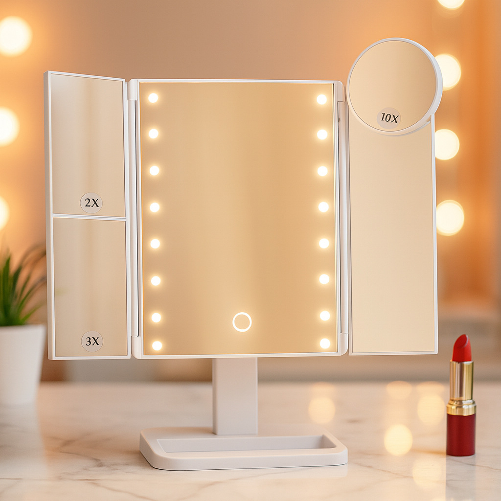 Espejo de maquillaje inteligente de punto transfronterizo con espejo de maquillaje triple plegable con luz 10x espejo de maquillaje LED escritorio