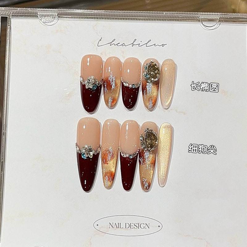 A Pair of [Maple Leaf Amber] Atmospheric Sparkling Amber Gold Brown Cat-Eye Wine Red French-Style Rhinestone K9 Press-On Nails