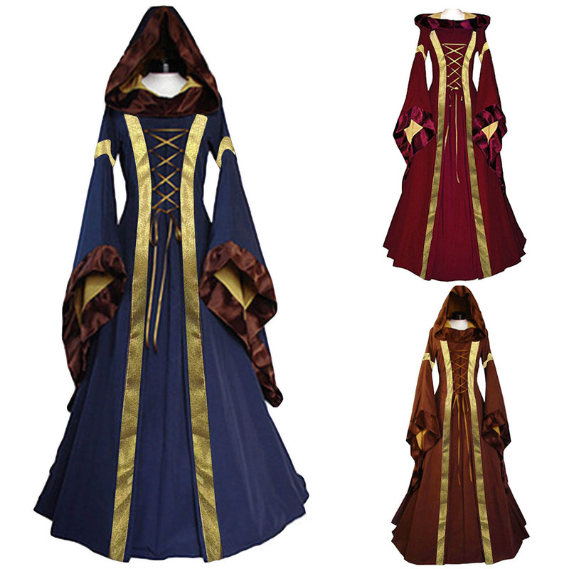 Performance Dress Medieval Retro Long Dress cosplay Victorian Retro Hooded dress Horn Sleeves