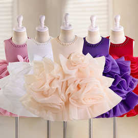 儿童周岁服装公主裙女童背心连衣裙夏款中大童装蓬蓬纱玫瑰花礼服