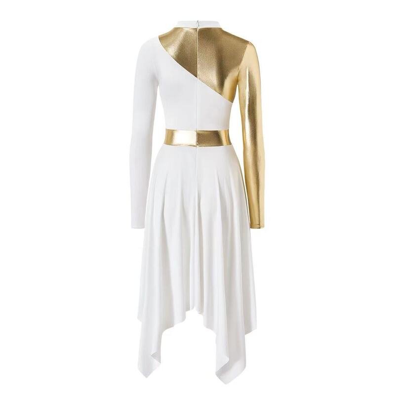 Popular Women's Dance Performance Costume Contrast Color Patchwork Dress Long Sleeve Asymmetrical Hem Dance Dress
