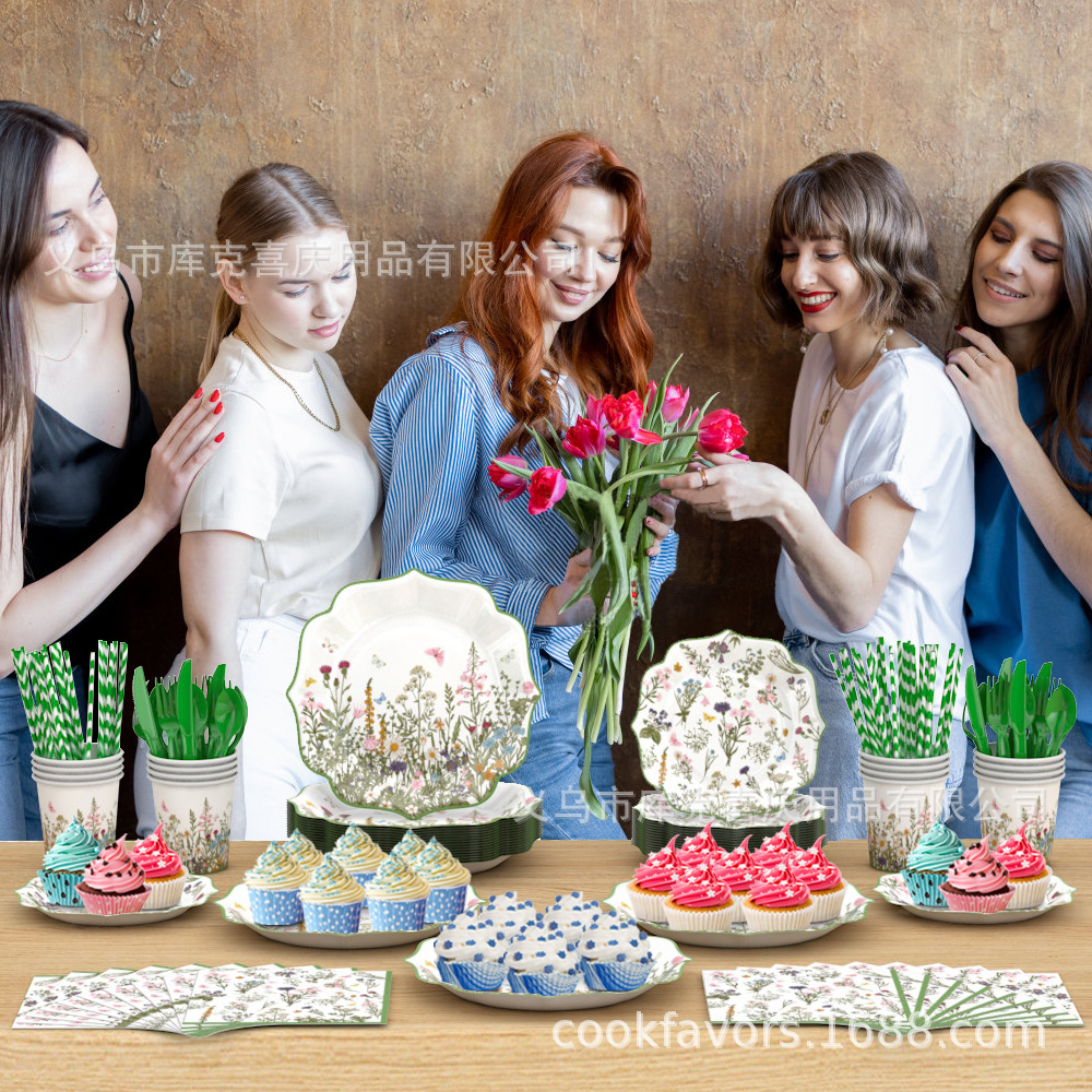 Nueva decoración de fiesta de flores silvestres retro encaje verde de primavera bandeja de papel desechable tazas de papel toallas de papel set de cubiertos