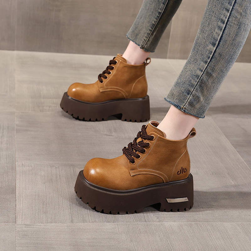 Giày boot nữ đế dày tăng chiều cao, dây buộc, phong cách đa năng — màu đen