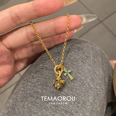 版型超正！中古跑环十字架实心骰子吊坠项链轻奢设计感毛衣链饰品
