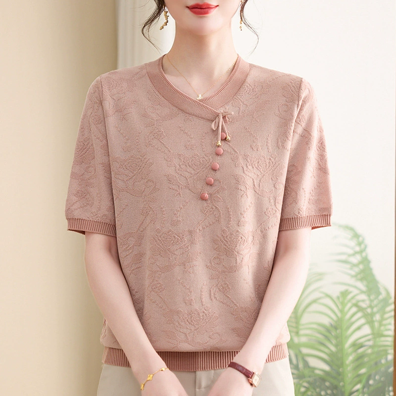 2025 Весенне-осенний модный вязаный свитер для мам, уменьшающий возраст, весенне-осенний новый осенний стильный топ для женщин среднего и пожилого возраста с круглым вырезом