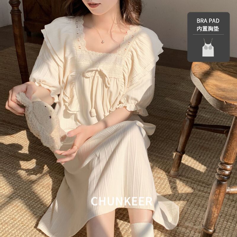 New Style Chest Pad Nightgown Summer Short-sleeved Pajamas Women's Middle-length Dress High-face Value Girl's plus size Home Clothes for Outer Wear